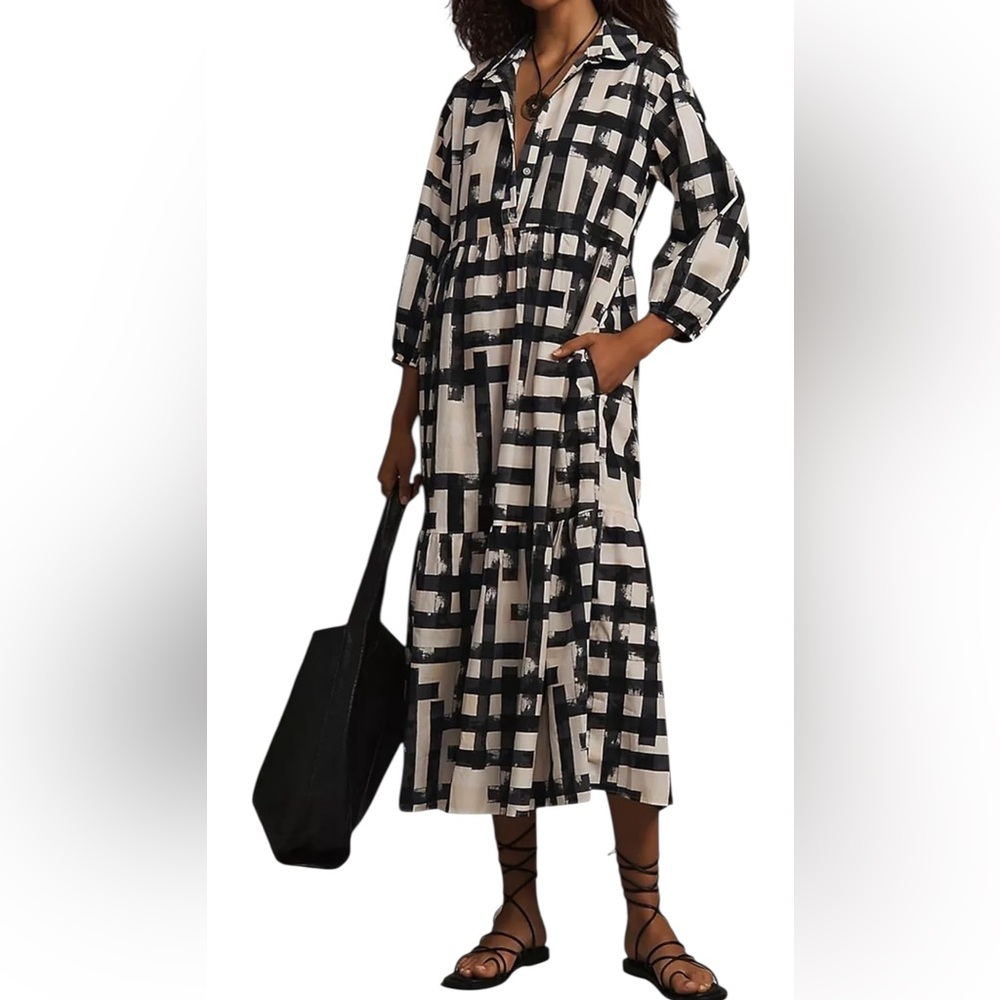 Dsewpaur/Boho/ 3/4 Puff Sleeve/Button Down Tiered/Maxi Shirt Dress/Size: Large - Picture 2 of 13